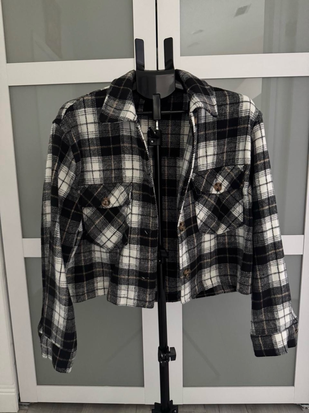 Black & White Plaid Cropped Shacket - Women's Jacket